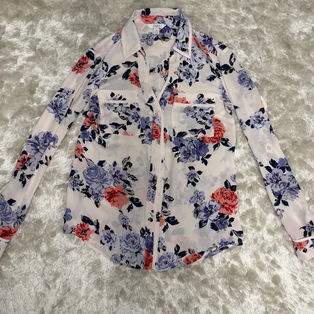 Candie’s Women’s XS Floral Blouse - Light Pink and Blue-Excellent Condition